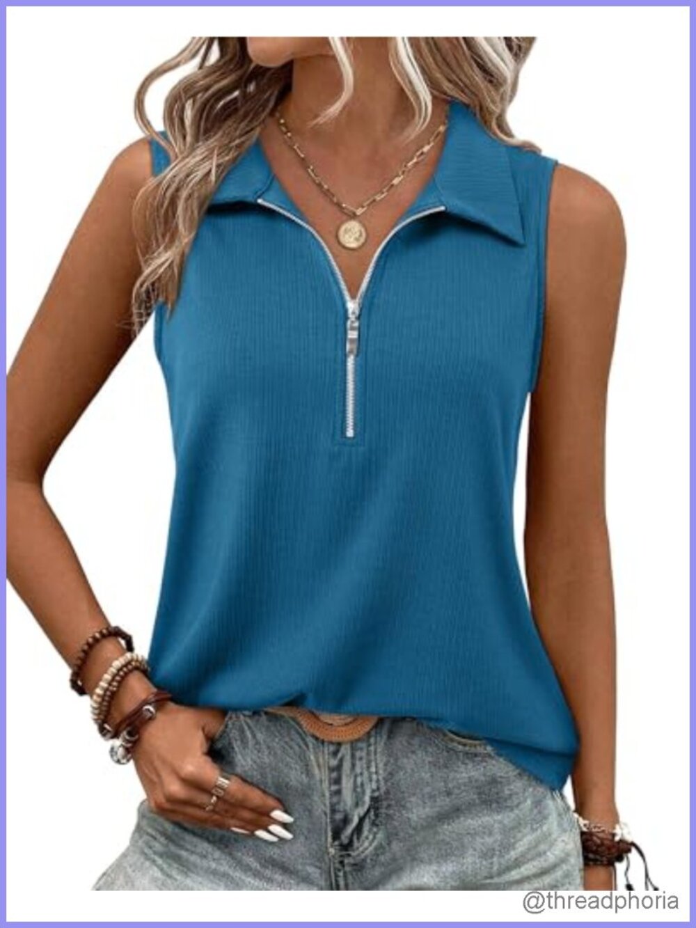 Womens Ribbed Tank Top Zipper V Neck Sleeveless Dressy Casual Office Top